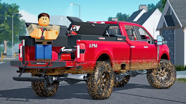 Muddy red pickup truck with custom wheels in American Plains Mudding